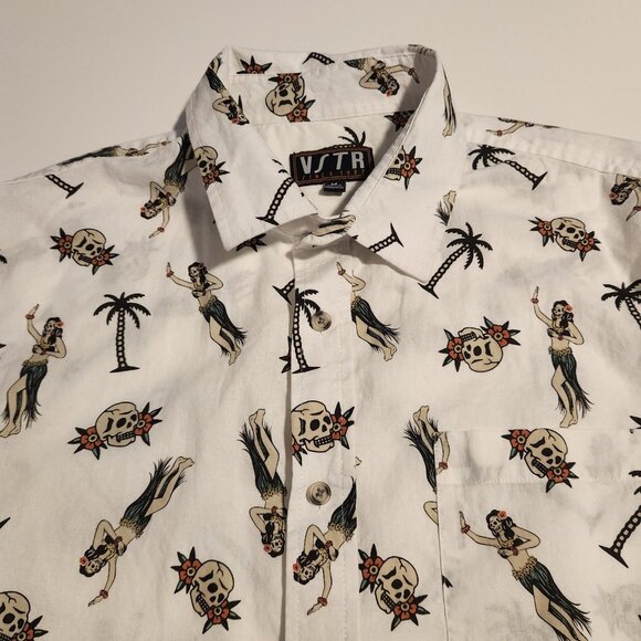 VSTR Button-Up Shirt Skull Hula Dancers Palm Trees Pattern Unique Mens Medium - Picture 2 of 14